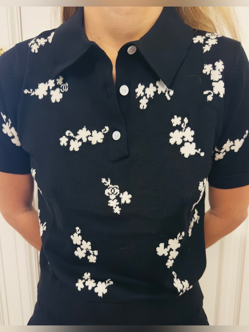 Chanel Black & White Floral Knit Polo Top